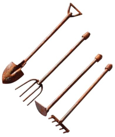 NIYANGLE 4 Pezzi Mini Attrezzi da Giardino Vintage in Lega di Zinco Marrone, Decorazione Versatile per Balconi e Spazi Esterni, Design Facile da Usare e Miniatura per Paesaggi