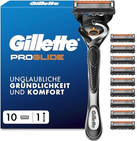 Gillette Rasoir Homme Proglide, avec 10 Recharges, Noir – Manche Reutilisable, Tête Flexible à 5 Lames, Bande Lubrifiante x2, 1Cartouche Jusqu’à 30 Rasages