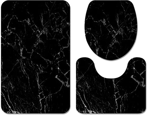 Stillshine. Juego de Alfombras de Baño 3 Piezas, Mármol Patrón Negro Beige Caqui Poco Profundo Azul Alfombra de Contorno en Forma de U, Felpudo,Inodoro Cubierta de Tapa (Color 1,60×90 cm 3PCS)
