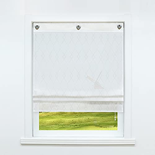 CORLIF Raffrollo ohne Bohren Leinenoptik Raffgardine halbtranpsatente Wohnzimmer Vorhang mit U-Haken Küche Ösenroll Karo-Design Weiß BxH 120x140cm 1 Stück