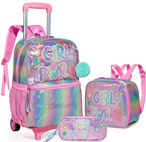 HTgroce Rosa Trolley Rucksack Schulranzen mit Rollen Handgepäck Tasche Koffer Wasserdicht Trolley Mädchen Rucksack Kindergepäck mit Rollen Schulranzen für Teenager