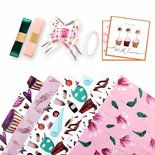 6 Rollen Geschenkpapier für Damen, Blumen High Heels Schuhe Lippe Herz Geschenkpapier mit Schnur und doppelseitigem Klebeband für Babyparty, Urlaub, Party, 50 x 70 cm pro Rolle, Rosa, Rot und Lila