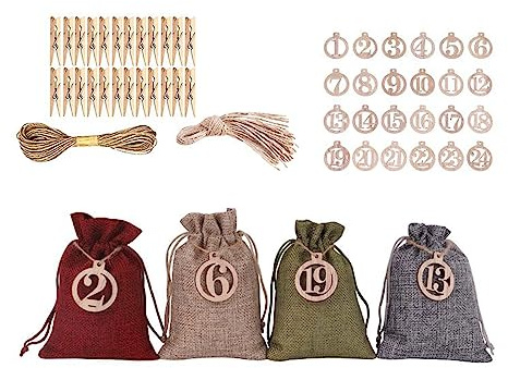 24 Countdown Tüten Adventskalender, Adventskalender Beutel 2023, Jutebeutel mit Clips Seil und Stickern, Wiederverwendbare Stoffbeutel für Dekorationen