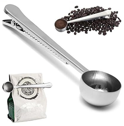 Foyscr 7-Inch Coffee Scoop with Bag Clip, Multifunctional Coffee Scoop for Measuring Ground Coffee and Coffee Beans, Stainless Steel Kitchen Tool (Silver)