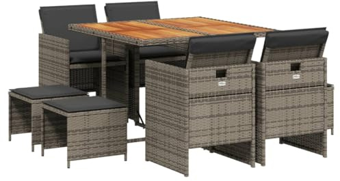 vidaXL Garten Essgruppe mit Kissen 9-TLG., Gartenmöbel Set Sitzgruppe, Essgarnitur Gartengarnitur, Terrasse Balkon Möbel Garnitur, Grau Poly Rattan