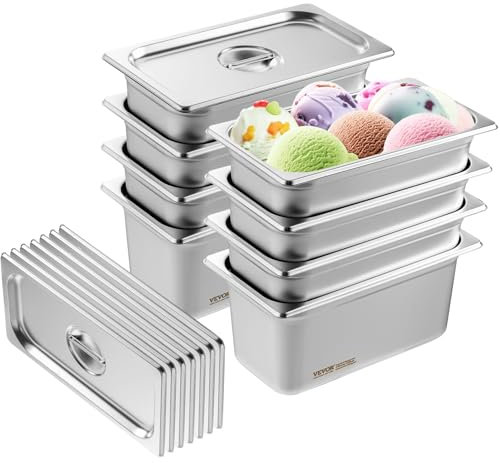 VEVOR Set Contenitore per Alimenti in Acciaio Inox Vassoio 328 x 178 x 148 mm, Set di Bacinelle per Alimenti Spessore 0,8mm Confezione 8 Pezzi con Coperchio per Cucina Ristorazione Hospitality