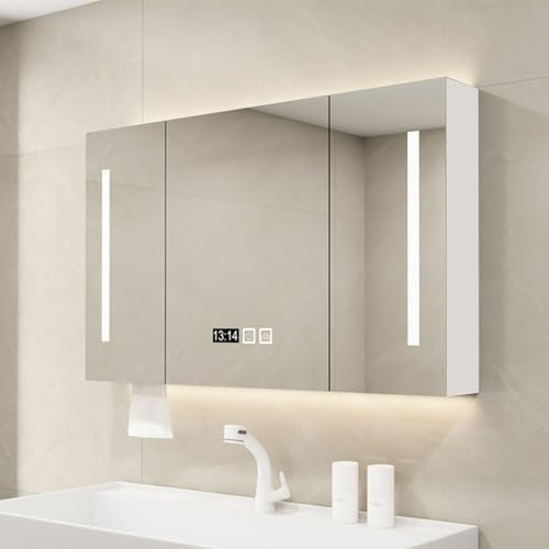 Diodceraic Beleuchtet Spiegelschrank Bad Wandschrank Modern 3 Farben Intelligenter Kosmetikspiegel Mit Stauraum LED-Uhr Antibeschlag Touch-Schalter/Uhr- Und Temperaturanzeige/Dimmer/Defogger(100cm)
