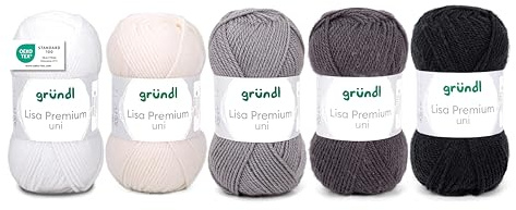 Gründl Lana Lisa Premium Uni - Lana para punto y ganchillo - Suave y delicada con la piel - 100% poliacrílico - 5 ovillos de 50 g / 133 m - Tamaño de agujas: 3,5-4,5 mm - 5 x 50 g Blanco-Negro