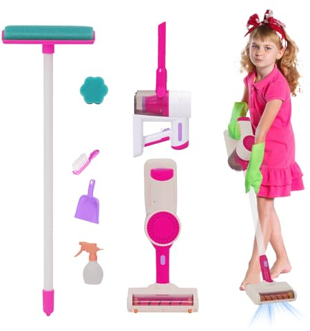 Kids Vacuum Cleaner Toy, 3 in 1 Realistic Suction Kids Cleaning Playset With Sound, Pretend Role Play HouseKeeping Toy, Sponge Rag Cleaning Tools for Toddlers (Pink)