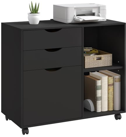 WOLTU Archivador Móvil, Cajonera de 3 Cajones y 2 Estantes Abiertos, con 5 Ruedas y Barra Colgante, Armario de Oficina para Carpetas y A4, 80x39,5x69,5 cm, Negro