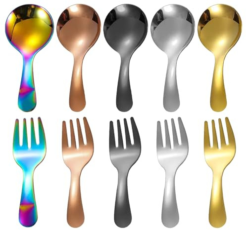 Bofanze 10 Stk Kleiner Salzlöffel aus Edelstahl Edelstahl Gabel Set,Spiegelpoliert,Teelöffel Dessertgabeln Zuckerlöffel Kleine Gabeln Mini Löffel Besteck Gabeln für Kaffee,Desserts,Familie, Restaurant