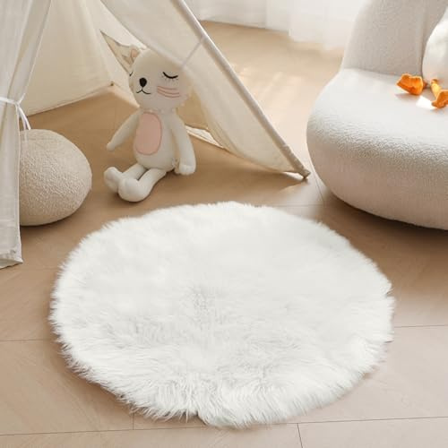Obundi Round Rug 80cm,Fluffy Sheepskin Rugs for Bedroom,Machine Washable Rugs for Kids Room,Circle Faux Fur Living Room Rug,High Pile Carpet for Office,Lounge,White