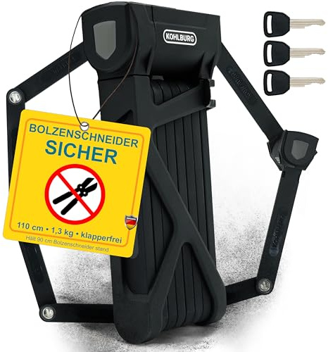 KOHLBURG 110cm Fahrrad Faltschloss Schlüssel [Bolzenschneider-sicher] als e Bike Schloss & Fahrradschloss Faltschloss – Fahrradschloss hohe Sicherheit mit Halterung Escooter – Bike Lock