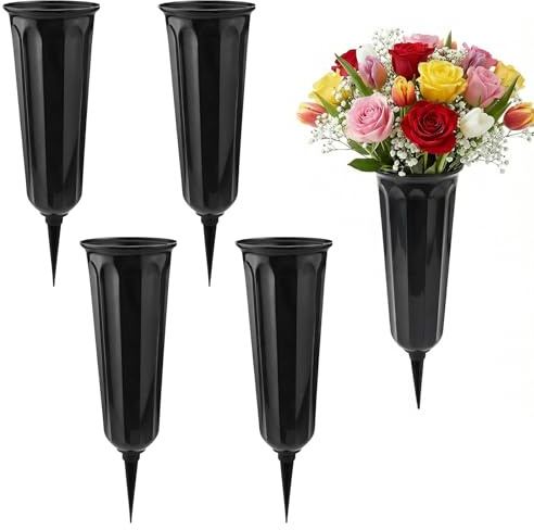4 jarrones de tumba con pinchos, macetas conmemorativas de plástico fuerte, adornos de cementerio, flores frescas o artificiales, jarrones para lápida