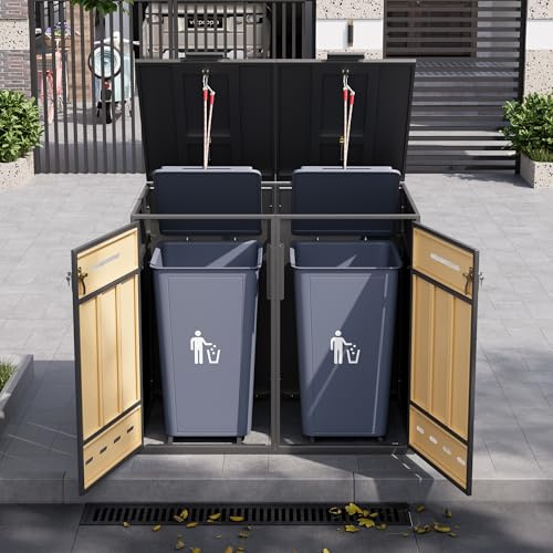 Caja para contenedores de basura, puede contener dos contenedores de basura (120-240 litros), con orificios de ventilación, compartimentos de almacenamiento de basura, con cerradura, dos puertas.