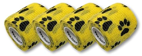 LisaCare Pfotenverband 5cm x 4,5m | 4er-Set mit Pfoten Motiv und Auswahl | Kohäsive Bandage | Wundverband | Pflasterverband | elastisch, dehnbar, selbsthaftend, ohne Kleben (Pfoten gelb)
