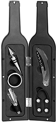 Grinscard Weinöffner Set 5 TLG. - Weinflaschen Design, Schwarz - Wein Zubehör mit Folienschneider | Korkenzieher | Ausgießer | Tropfring | Edelstahlkorken