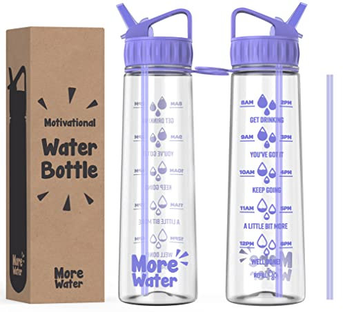 More Water Bottle With Straw, Motivational Time Markings 900ml - Drinking Tracker Bottles - Times to Drink - BPA Free Sports Bottles