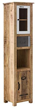 Woodkings® Hochschrank Pune Badmöbel Holz rustikal massiv Mango Natur grau weiß Badezimmer Badezimmerhochschrank Badschrank Bad modern
