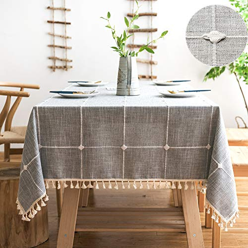 SUNBEAUTY Tischdecke Leinen Grau 140x240 Baumwolle Tischtuch Tischdecke Abwaschbar mit Quasten Rechteckig für Home Küche Speisetisch Dekoration