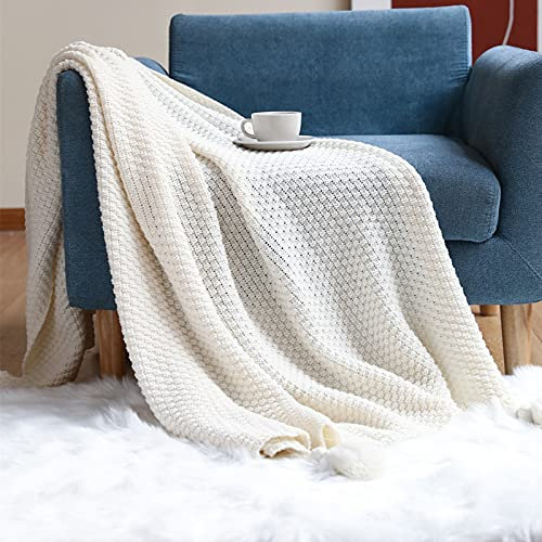 Zoomlie Weiche Strickdecke für Sofas, groß mit dekorativen Fransen, 130 x 170 cm, gemütliches Rautenmuster, klassisches Design, Decke für Büro, Schals, Couch, Bett (beige, 130 x 170 cm)