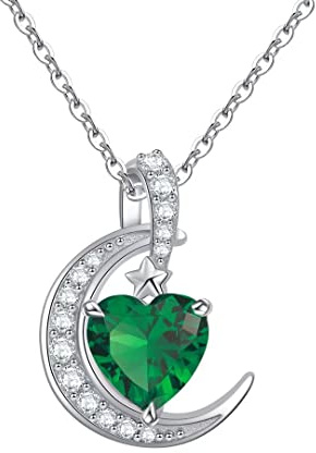 Qings Birthstone Necklace Crescent Moon - Sterling Silver 925 Heart Pendant Dainty Halo Necklaces Birthstones Jewelry Gifts for Women Wife Girls