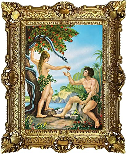 Gemälde ADAM UND EVA 56x46 cm die Verbotene Frucht Gemälde Repro im Antik-Look Jreligiöse Bild 56x46 Heiligenbilder Ikonen Kunstdruck Bild Rahmen Wandbild Wohnzimmerbild Barockbild Apfelbaum