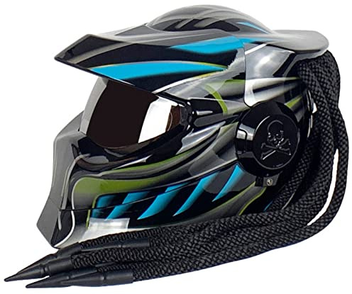 Casco Moto Predator Casco Tapa Frontal Visera Robot Trenzas Luces Advertencia Casco Moto Cara Completa ECE Aprobado Hombre Mujere Adulto Todoterreno Crucero Chopper Motocross C,L=(59-60CM)