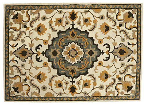 RUG PRINCE Teppich aus Schurwolle 160x230 Beige Medaillon Handarbeit Handtuft Modern 217