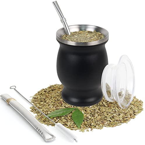 ROCKY&CHAO 9Oz Yerba Mate Gourd Set - Stainless Steel Modern Mate Cup, 2 Bombilla Straws, Cleaning Brush, BPA Free Lid, Double-Walled, Hot & Cold Drink, Coffee & Tea