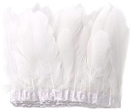 Zasvec Federband 2M Federn Fringe Trim Gänsefeder Streifen Trim Federn Borte Fransen mit Satinband Schleifenband Feder Fransen 15-20cm Breite für Nähen Handwerk Basteln Dekoration Weiß