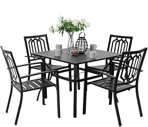 PHI VILLA 5-teiliges Metall-Terrassen-Gartenmöbel Set für den Außenbereich – 94 cm Quadratischer Bistrotisch und 4 Gartenstühle mit Armlehnen, Tisch mit 4 cm Schirmloch, schwarz