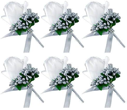 6 Stück Hochzeit Braut Blumen Anstecker,Handgefertigte Rose Bräutigam Boutonniere Hochzeitsbrosche Blumenstrauß Korsage künstliche Blumen für Party Prom Männer Anzug Dekoration,Weiß Silber