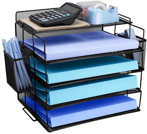 Briefablage für Büro, Dokumentenablage mit Stifthalter, 4-Fach Schreibtisch Organizer Metall, Papierablage Mesh, Ablagefächer Stapelbar, Briefschublade, Büro Organizer, Papierablagefach