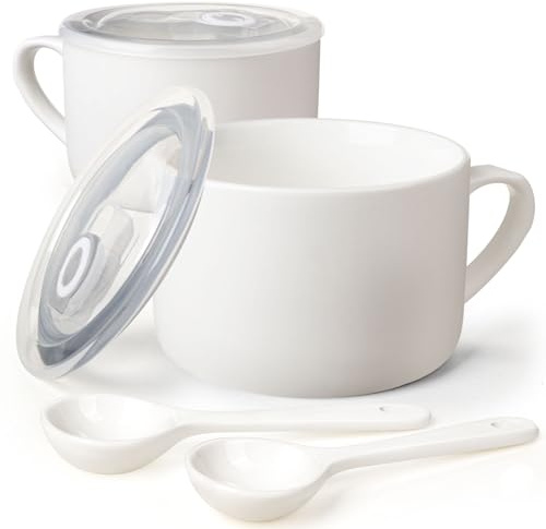 Wareland Soup Bowls with Handles & Spoons, 30oz Ceramic Ramen Bowl with Lid, Large Soup Mugs/Cups for Instant Noodle, Big Cereal Bowls for Oatmeal, Soup Containers with Lids, Set of 2, White