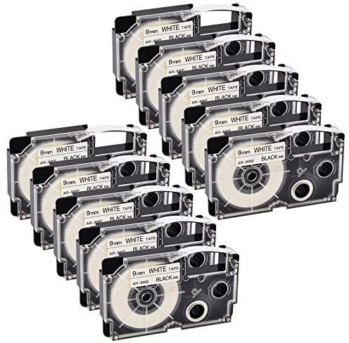 NineLeaf 10 Packung Ersatz für Casio EZ XR9WE XR-9WE AR-9WE XR-9WE2S XR9WE2S 9mm x 8m Bänder Schwarz auf Weiß Schriftband für KL60 KL750 KL750B KL750BA KL750KITCH KL780 KL8100 Beschriftungsgerät