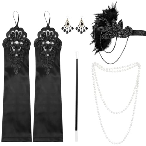 KEWUZY 5 Teiliges 20er Jahre Set, Great Gatsby Flapper Accessoires, Charleston Damen Mit Stirnband, Handschuhen, Perlenkette, Ohrringen für Halloween Weihnachten