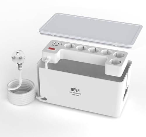 BEVA Multipresa con Scatola Porta Cavi, Ciabatta Elettrica Presa (3680W), con 3 USB-A e 1 USB-C, Ciabatta Multipresa con Protezione Sovratensione, Cavo da 2 m, Bianco