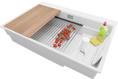 PRIMAGRAN Evier Cuisine en Granit au Meuble 80cm + Kit de Vidage, 78x53cm | Set: Kit de Vidage (Siphon, bonde d’évacuation, trop-plein) + Lavabo 1 Bac - Oslo, Blanc