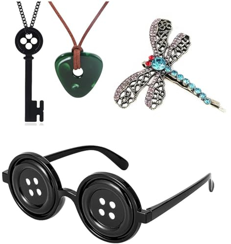 Generic XHBTS Halskette mit Knopfaugen und Brille, Koraline, Stein-Halskette, Libelle, Haarspange, Aufkleber-Set, Halloween-Schmuck, grün