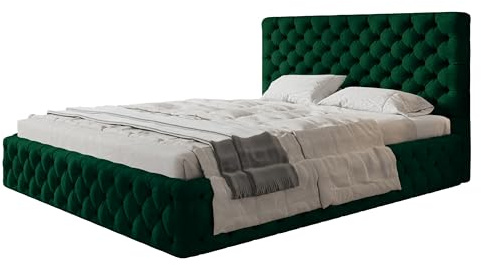 AlpiMeble Polsterbett 180x200, Kronos-Stoff, Holzrahmen, Grün | Bett, Betten mit Bettkasten, Modern Betten, Weicher Stoff, Kollektion Slim Miami