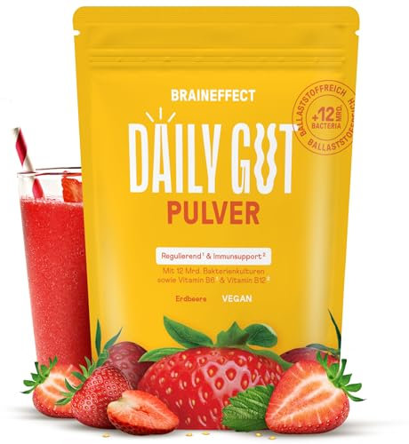BRAINEFFECT DAILY GUT – Leckeres Probiotika Getränkepulver mit Ballaststoffen und Vitamine B6 + B12, Milchsäurebakterien zur Unterstützung des Darms, Erdbeergeschmack – 240 Gramm