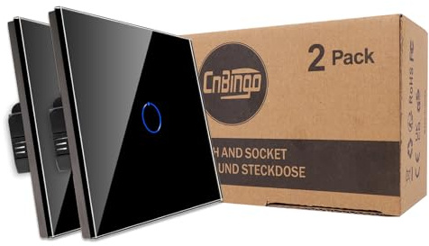 CNBINGO Interruptor de luz táctil, interruptor de luz de cristal, empotrable, interruptor de pared de 2 vías, con marco de cristal, interruptor táctil de 86 mm, negro, 2 unidades
