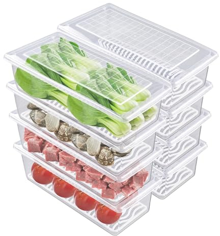 WOPPLXY 8 contenitori per alimenti con griglia scolapiatti, 1,5 l, in plastica, impilabili, per frutta fresca, verdura, frutti di mare