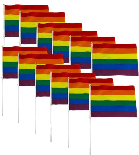 Carnavalife 12/24 PCS Banderas pride Orgullo Gay con palo a mano, Bandera lgtb arco iris, lgbt flag