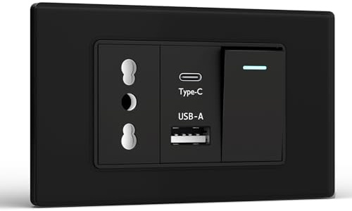BSEED Prise avec USB A et USB C, prises électriques murales 118mm, prises italienne pour bureau à domicile, Prise +10.5W+1 Gang 1 Voie, Noir