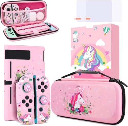 JYPS Licorne Pochette de Transport Compatible avec Nintendo Switch, Étui Rigide de Housse avec Poignée, Housse de Protection pour Nintendo Accessoire pour Licorne Cadeaux Filles(Rosa)