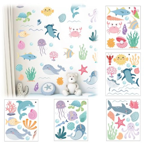 Adesivi Murali Bambino, 58 pz Animali Marini Adesivi, Adesivi da Parete Colorato per Bagno, Rimovibile Murali Creature Dell'oceano Sticker, Adesivi Muro per Bagno, Pesce Adesivi Muro per Camera Bambin