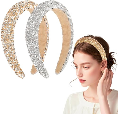 XTUDOU® 2 Stk Haarreif Silber Glitzer, Glitzer Strass Haarreif, Headband Breite Haarband für Frauen MäDchegeburtstagsgeschenk Hochzeit Braut Haarschmuck