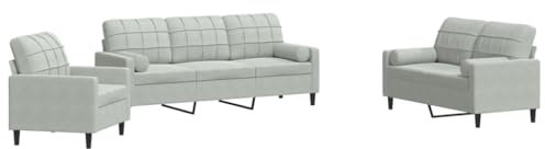 Willood 3 Sitzer + 2 Sitzer Sofa + Sessel Sofagarnitur mit Kissen und Nackenrollen Hellgrau Samt